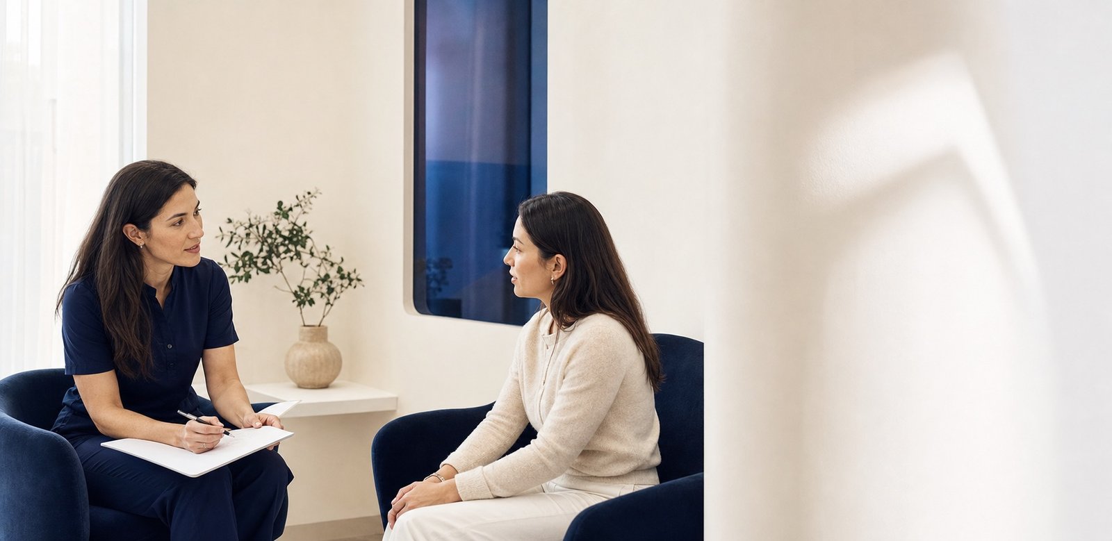 Profesional escuchando a una paciente durante una consulta